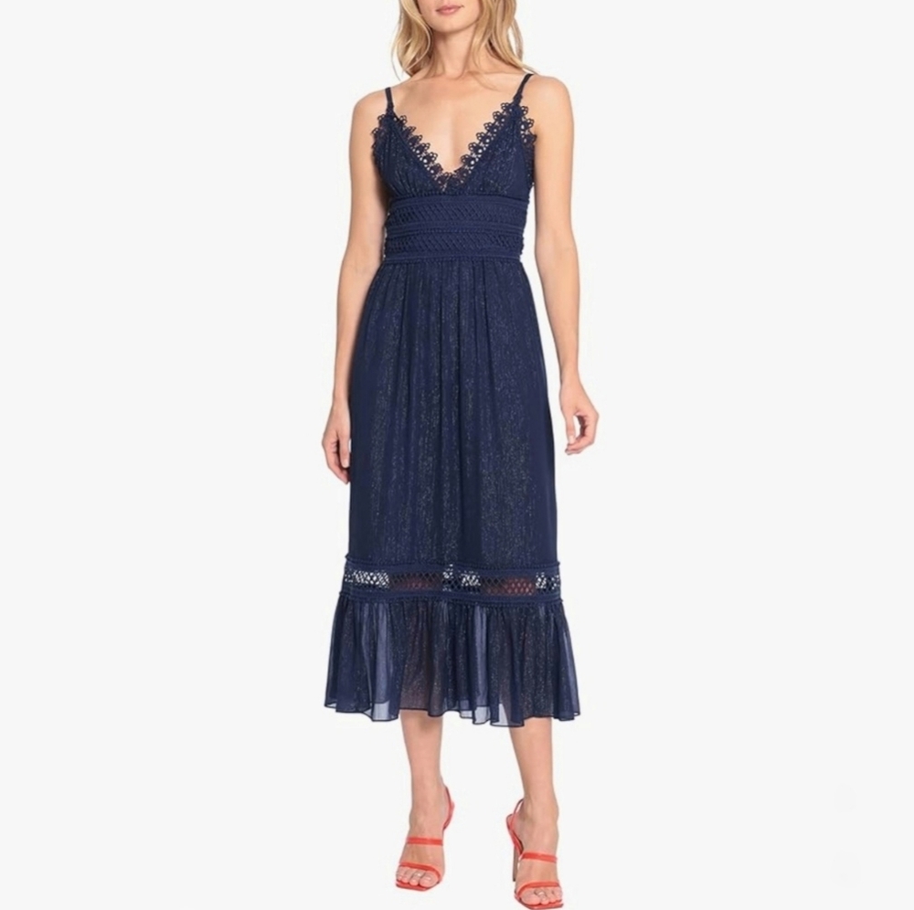 NWT Donna Morgan Royal Navy Lace Trim Midi Ruffle Dress Size 0